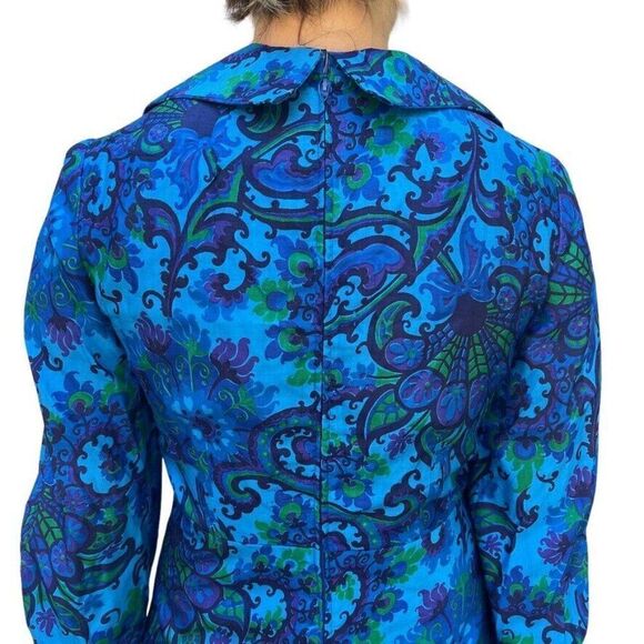 Vintage 1970s Womens Handmade Blue Floral Psychedelic Floral Disco Collar Dress - Picture 7 of 9